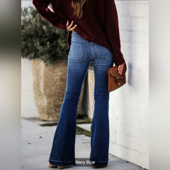 Women's Navy Blue Mid Rise Slim Fit with Classic Flare Leg Raw Hem Denim Jeans - Picture 4 of 5